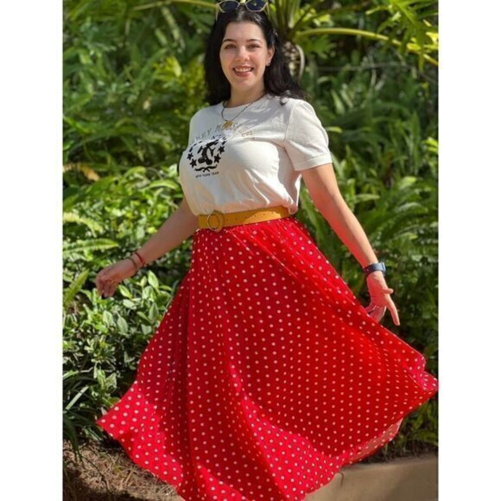 Ladies Red Polka Dot Stretchy Waist A-line Flared Midi Skirt MEDIUM